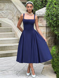 Women's Elegant Solid High Waist Pleated Long Dress Fashion Square Neck Sleeveless A-line Dresses Vocation Beach Streetwear
