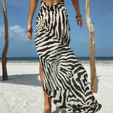 Pbong  Sexy Backless Long Dress with Kerchief for Women Halter Sleeveless High Waist Split Striped Design Dresses Female