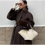 Elegant Grey Belt Long Faux Wollen Coat Women Lapel Double Breasted Street Coats Female 2025 Autumn Winter New Lady Peacoat