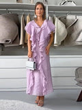Elegant Ruffles Layer Long Dress Women Sexy V-neck Sleeveless High Waist Dresses Fashion Female Evening Party Club Vestidos