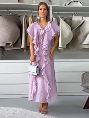 Elegant Ruffles Layer Long Dress Women Sexy V-neck Sleeveless High Waist Dresses Fashion Female Evening Party Club Vestidos