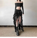 Elegant Tulle Ruffle Skirt Women Boho Lace Vintage White Irregular Skirt Korean Style Summer Layered Mid Skirts Street