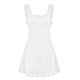 Pbong  Women Summer White Short Dress Sleeveless Square Neck Lace Trim A-line Tank Dress Bohemian Casual Chic Dresses