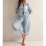 Pbong  Women 2Piece Chic Floral Lace Sheer Patchwork Outfits Set Tie Front Ruffle Hem Babydoll Shirt Top+Drawstring Blommers
