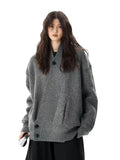 Hip Hop Y2K Gray Cardigan Sweaters Women Loose Streetwear V Neck Design Knitted Coat Casual Vintage Long Sleeve Bf Gothic Tops