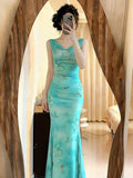 Pbong  Mint Wave een Vaion Strap Fi Tail Long Dr Women's Spring Summer  Print Pleated Waist Cinching Dr