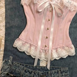 2000s Japanese Style Harajuku Slim Camis Y2k American Vintage Sexy Hot Girl Sleeveless Top French Elegant Lace Patchwork Tanks