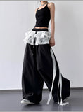 Pbong  Spring/Autumn New Design Loose, High Waist, Wide Leg, Personalized Retro, Sweet and Cool Lace Splicing Fake Two Piece