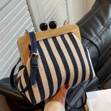 Pbong  Vintage Striped Crossbody Bag, Wooden Frame Kiss Lock Clutch with Adjustable Strap, Retro Casual Shoulder Purse for Women
