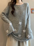 Sweet Floral Chic Sweater Women O Neck Cute Long Sleeve Knitted Jumpers Fashion Preppy Style Loose Lazy Wind Lady Fall Pullover
