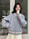 Lace Patchwork Sweet Jacket Women Loose Vintage Preppy Style Cute Coat Female Long Sleeve Korean Retro O Neck Tops Outwear