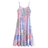 Pbong  Contrast Color Flower Print Midi Long Sling Dress Hippie Women Single-breasted Buttons Ruffles Hem Slit Robe Holiday