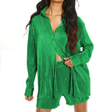 New explosions in spring and summer European and American fashion V-neck pleated long sleeve lapel shorts fashion suit
