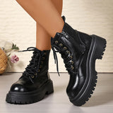 Pbong  Women's Black Platform Combat Boots Fashion Lace Up Zipper Pu Leather Short Boots Woman Thick Sole Non Slip Autumn Winter Shoes