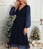 Pbong  Women's Elegant V-neck Slim Fit Solid Color Dress Patchwork Mesh Perspective Powder Spray Party Dress Formal Evening Gown