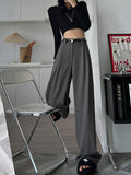 Fall Winter Elegant Gray Suits Pants for Women Office Lady High Waist Wide Leg Fashion Trousers with Pockets Black Pants