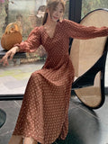 Woman Vintage Polka Dot Long Dresses Elegant V-Neck Slim Lantern Sleeve Dress Holiday Prom Evening Female Clothing Outfits New