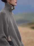 autumn and winter new 100% pure cashmere cardigan women's high neck mid-long zipper sweater loose knit coat