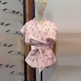 Pbong  Floral Print V Neck Wrap Tie Waist Sleeveless Waistcoat Top Tie Belt Spring Summer Commute  Lady Women Gentle  Outfit