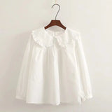 New Autumn Cotton White Shirts Women Student Sweet Tops Girl Peter Pan Collar Plaid Casual Cute Loose Blouses Spring T39132QM