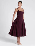 Women's Elegant Solid High Waist Pleated Long Dress Fashion Square Neck Sleeveless A-line Dresses Vocation Beach Streetwear