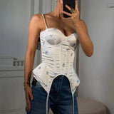 Pbong  Club Printed Fish-bone Corset Women's Sexy Sleeveless Back Lace-up Waist-cinching Female Tank Tops Lady Summer Outwear New