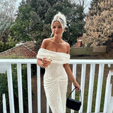 Sexy Off Shoulder Ruched Long Dress Women's Sleeveless Curvy Casual White Black Dresses Party New Summer Evening Party Cocktail