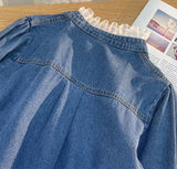 Fashion Lace Denim Shirt Women Clothing Autumn/Winter Retro Loose Casual Jackets Ruffled Collar Long Sleeve Blouses Women Tops