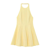 Versatile Halter Neck Backless Short Dress New A-line Zipper Solid Color Yellow Party Dress Fashion Vestidos Woman Clothing