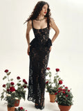 Lace See Through Sexy Maxi Dress Women Elegant Spaghetti Strap Sleeveless Backless Thigh High Split Club Long Dress