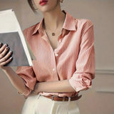 Pbong  Elegant Long Sleeve Loose Shirt Women  Autumn Fashion Turn-down Collar Striped Print Blouses And Tops