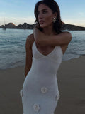 Elegant 3d Flower Sling Maxi Dress Women Deep V-neck Sleeveless Beach Dresses Summer New White Lady Chic High Street Robes