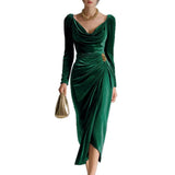 Pbong  Autumn Winter Women's Velvet Long Sleeved Dress Square Neck High Waisted A-line Banquet Dress Elegant Temperament Draped Dress