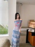 Romance Off The Shoulder Floral Sleeveless Mesh Top Gradient Blue Summer Tank Top Woman 2025 Korean Fashion