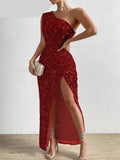 One Shoulder Maxi Long Dresses Women Sparkling Sequin Backless Sexy Evening Party Vestidos Slim Ruched Summer Dress
