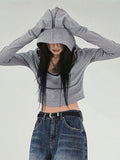 Vintage Hoodie Long sleeve T shirt Women Y2k Gray Off shoulder Top Sexy Cropped Tees Shirt Basic Blouse 2025 Fashion Streetwear