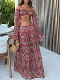 Pbong  Sexy Casual Floral Print Shoulder Bared Short Top Long Skirt Set Women's Cross-Border Clothing Polyester Fiber Floor-Length