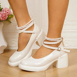Pbong  Luxury Women High Heels Elegant Square Toe Women Mary Jane Shoes Pearl Lace Party Wedding Shoes Fashion Platform Women Pumps