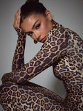Leopard Print Long Sleeve Sexy Maxi Dress For Women Autumn Winter Fashion Elegant Turtleneck Printed Bodycon Long Dress
