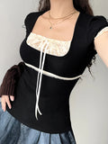 Sweet Y2K Contrast Lace Patchwork Square Collar Black T-Shirt Women Short Sleeve Basic Balletcore Cute Summer Tops
