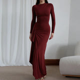 Elegant O-neck Draped Irregular Long Dress Women Causal Long Sleeve Solid Party Dress Fashion Hight Waist Slim Evening  Dresses