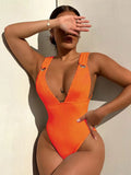Pbong  Sexy Deep V Neck Ribbed One Piece Swimsuit Women Solid Swimwear Female Monokini High Leg Cut Bather Bathing Suit Swim White