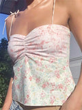 Women Floral Camisole Tops Y2K Retro Fairycore Tank Tops Spaghetti Straps Tie-up Cut Out Corset Crop Top Summer