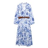 Blue Flower Print Fashion Long Dress Ruffle V-neck Lantern Sleeve Chic Spring Dress With Belt Vacation Beach Vestidos