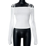 American Moda Fashion Popular Slash Neck Lace Up Shirts Solid Simple Slim Office Lady Punk Tops Y2k Aesthetic Vintage Clothes