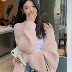 Imitation Mink Long Cardigan Women Casual Loose Soft Sweater Gilet Elegant Fall Winter Fluffy Knitwear Jackets Warm Knit