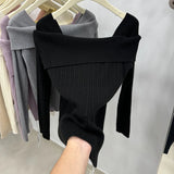 Women Off the Shoulder Sweater Top Ribbed Knit Long Sleeve Pullover Fitted Plain Jumper Ladies Fall Winter Elegant Outfit
