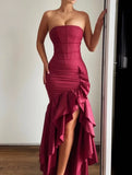 Pbong  High Quality Floor Length High Fork Pleat Strapless Sleeveless Wedding Party Dress Vestidos Para Bodas Mujer Invitada