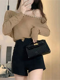 Pbong  Knitting Pullovers Women's Clothing Sexy Slash Neck Tunic Jumper Off Shoulder Diamond Sweater Y2k Tops Korean Chic