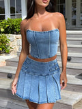 Sexy Denim Skirt Sets Women Strapless Crop Tops And Mini Skirt Ladies Fashion Club Party Pleated Skirt Two Piece Set